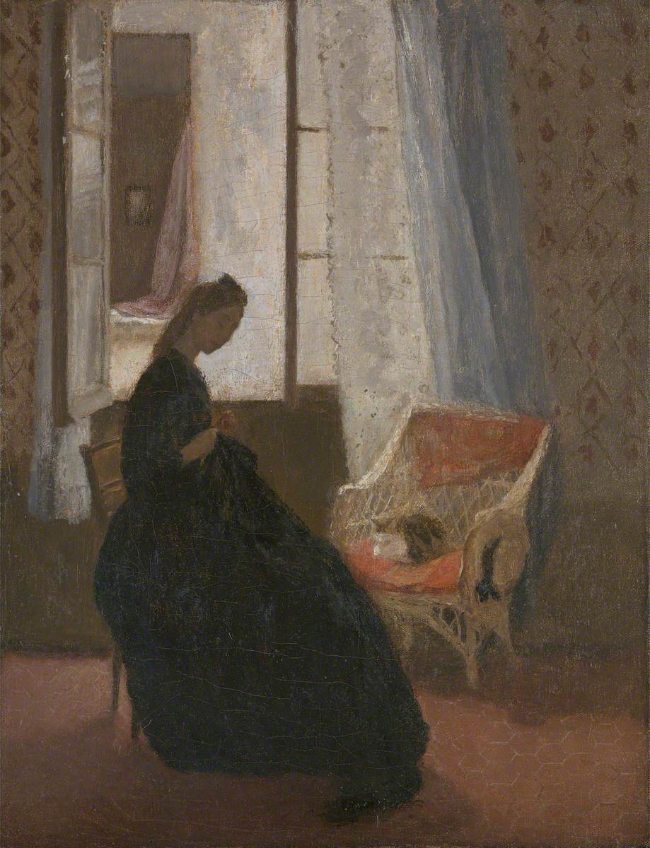 RachelAshenden's tweet photo. Just love Celia Paul's description of Gwen John's 'La Chambre sur la Cour': 
"a dark coat [...] flows over her knees and gives her a sort of tail when it reaches the floor, as if she is a mermaid and wants to lure some lost sailor to her peaceful abode." https://t.co/I02IiZ11Vl
