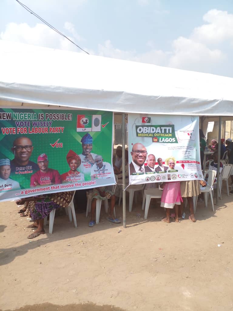 Lere4Peterobi's tweet photo. Ongoing Obidatti/GRV free medical outreach in Surulere area of Lagos state. 
Vote @PeterObi for president of Nigeria
Vote @GRVlagos for governor Lagos state. https://t.co/VvXhaMb9Sk