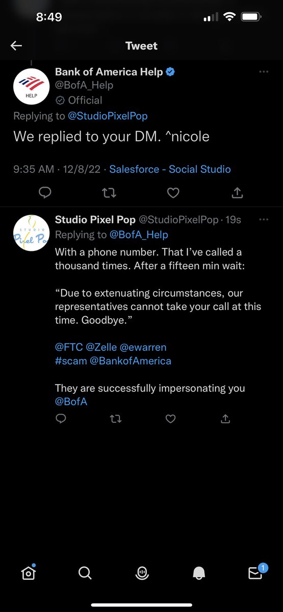 StudioPixelPop's tweet image. Now they won’t answer. 

Anyone else?
@BofA_Help @BankofAmerica @BofA_News @BofA_Tips @BofA_Business @BofAPrivateBank @ewarren @FTC @Zelle