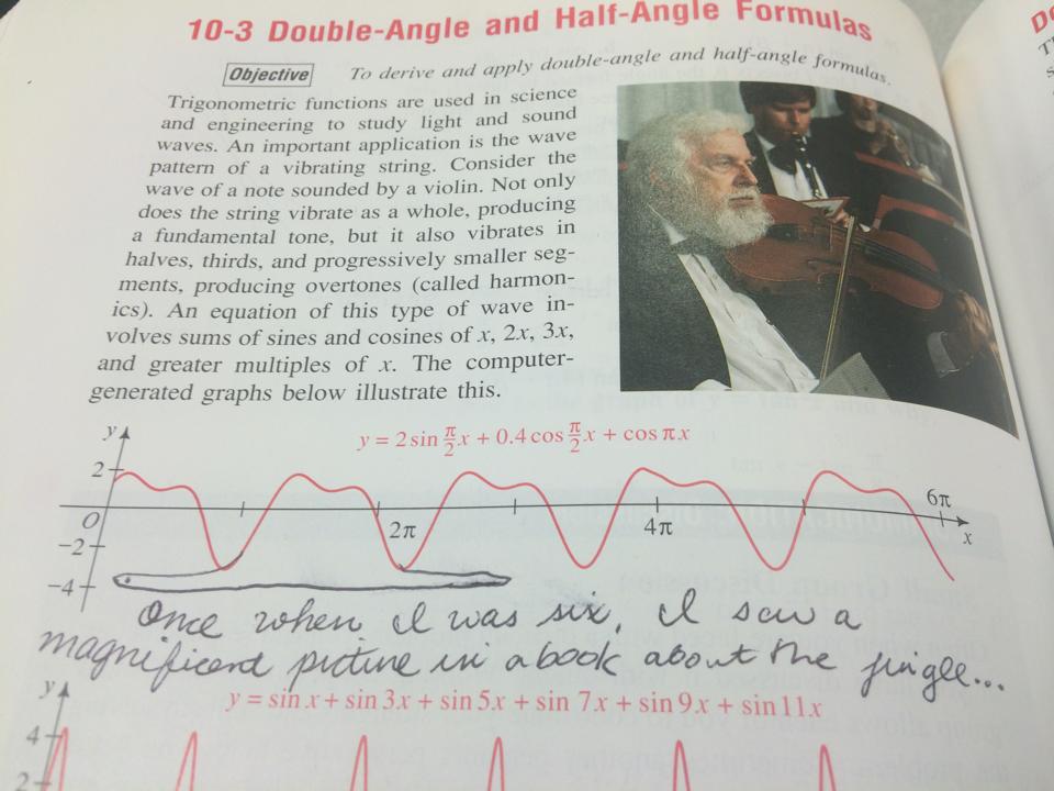 Jd2718x's tweet photo. Top notch graffiti in a precalc book - #DoubleAngle #TheLittlePrince #LePetitPrince #MTBoS #MTaP #Math #MathEducation #MathGraffiti

The "vandal" is known to me, and is a grown-up chemist. https://t.co/hCnac0rdXi