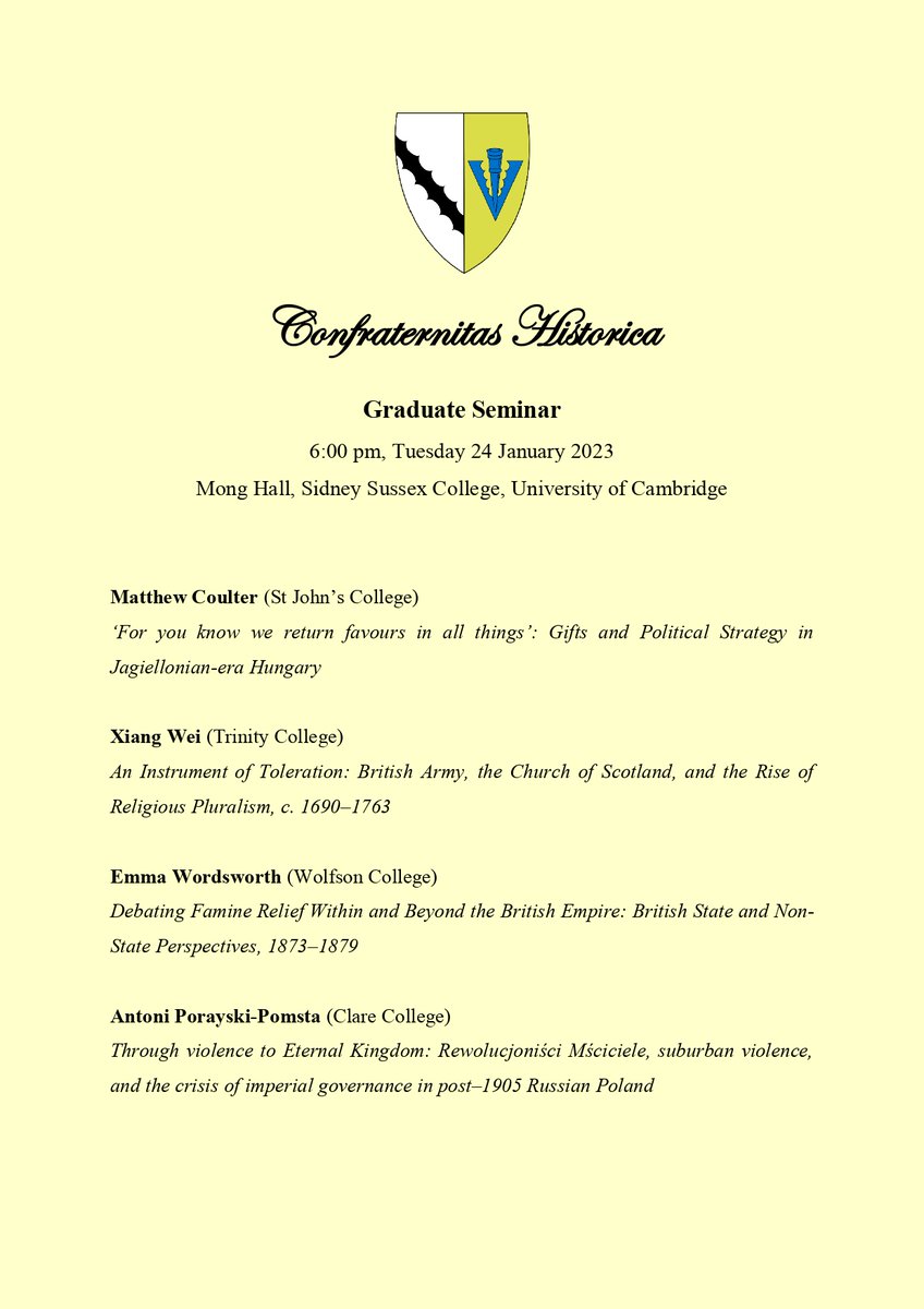 Elvira V. Tamus (@evtamus) on Twitter photo I am pleased to have co-organised with <a href="/NEN_Sithole/">Nicole Sithole</a> the Graduate Seminar programme of Confraternitas Historica, the History society of <a href="/SidneySussex/">Sidney Sussex College, University of Cambridge</a>. Join us on 24 January 2023 to hear these exciting talks from <a href="/mj_coulter/">Matthew Coulter</a> <a href="/XiangFrancisWei/">Xiang Wei</a> @ek_word & <a href="/aporayskipomsta/">Antoni Porayski-Pomsta</a> ❄️ ✨ I am pleased to have co-organised with <a href="/NEN_Sithole/">Nicole Sithole</a> the Graduate Seminar programme of Confraternitas Historica, the History society of <a href="/SidneySussex/">Sidney Sussex College, University of Cambridge</a>. Join us on 24 January 2023 to hear these exciting talks from <a href="/mj_coulter/">Matthew Coulter</a> <a href="/XiangFrancisWei/">Xiang Wei</a> @ek_word & <a href="/aporayskipomsta/">Antoni Porayski-Pomsta</a> ❄️ ✨