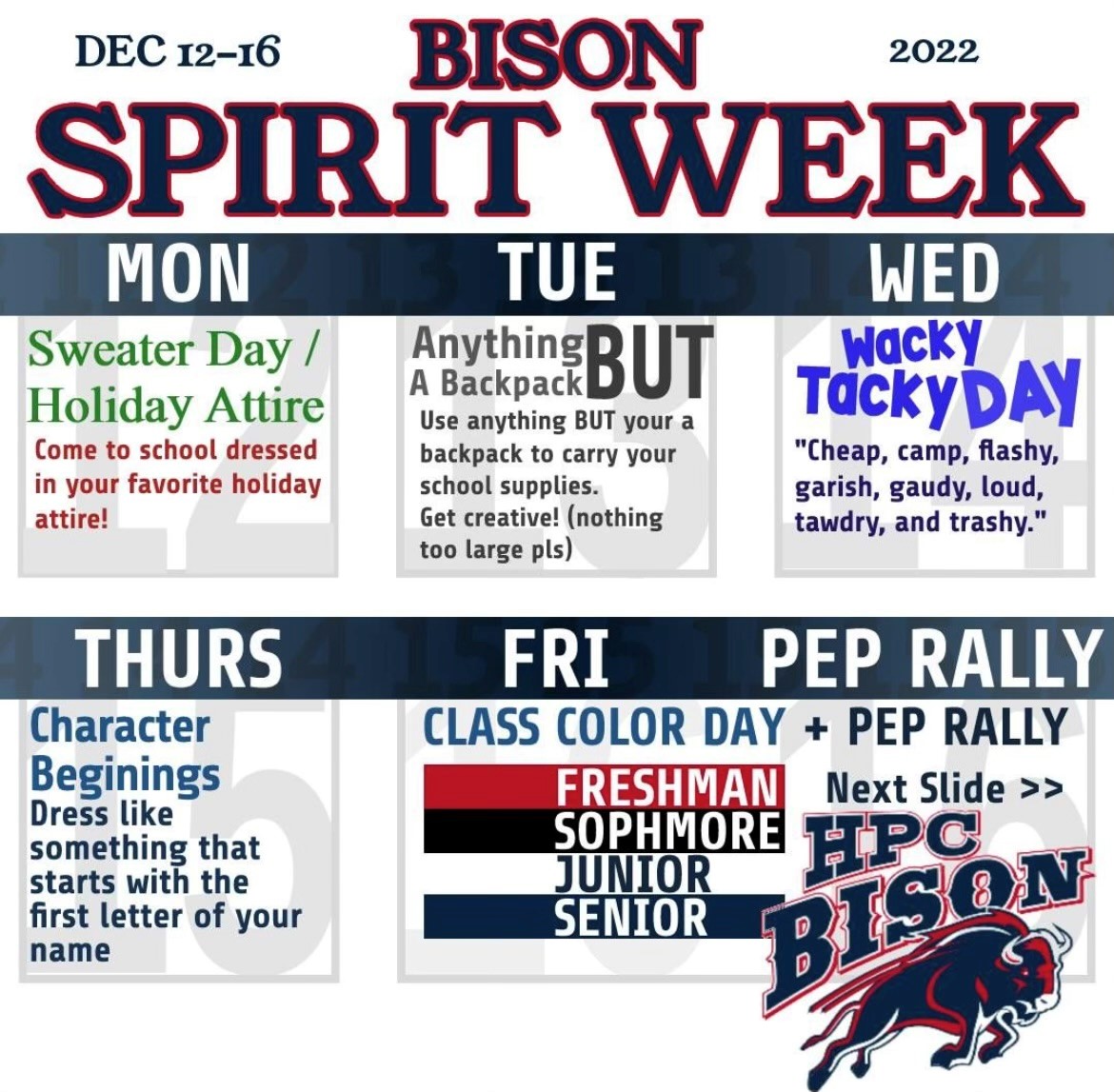 Spirit Week themes for this coming week! <a href="/hettenm/">Mike Hettenbach</a> <a href="/HPCBisonPTO/">HPC Bison PTO</a> <a href="/HPC_SGA/">High Point Central High School SGA</a> <a href="/hpcbisonfball/">High Point Central Football</a> <a href="/hpcbisonbball/">High Point Central HS Boys Basketball</a> <a href="/HPCBisonSports/">HPC Athletics</a> <a href="/hpcbisoncheer/">hpc.bisoncheer</a> <a href="/HPCBisonSoccer/">Hight Point Central Soccer</a> <a href="/HPCBisonBasebal/">HP Central Baseball</a> <a href="/HpcCte/">HPC CTE</a>