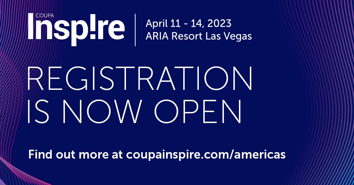 ARaeMondi's tweet photo. #CoupaInspire Americas 2023 Early Bird Registration is Now Live! 
Join our global BSM community event unifying #supplychain, #procurement, #IT, #finance, and #treasury to make every dollar spent more effective and sustainable. Register now! @coupa https://t.co/vywG8JAVFT https://t.co/ckb04KOb7j