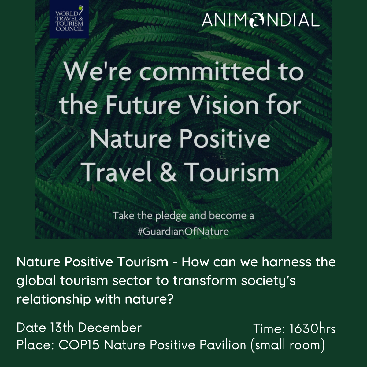 Join Michael Meyer, LT&amp;C co-chair, at #COP15 event: #NaturePositive Travel &amp; Tourism
Date: 13 December
Time: 16:30 EST
Place: Nature Positive Pavilion, small room

Event streamed via: 
naturepositive.org/cop15schedule#…

#GuardianOfNature #biodiversity
#LinkingTourismandConservation #30x30
