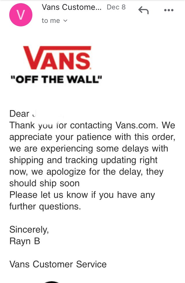 JBabyInACorner's tweet photo. Placed an order with @Vans on Nov 26. Received an email that it was almost ready to ship on Nov 28. Got a response to my order inquiry from Vans Dec 8. As of today, my order still hasn’t shipped. How do you run a sale if you can’t fulfill orders or be transparent about delivery? https://t.co/8DaCkZti8e