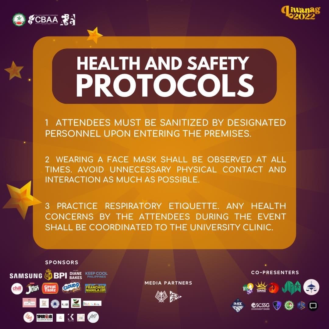 DLSUD_CBAASG's tweet photo. ✨ 2 DAYS LEFT ✨
Let's all take note of these few guidelines that will make "LIWANAG 2022” a safe and memorable experience for all of us.
See you on December 12! ✨
#ProgressiveCBAA
#SignifyingGreatness
#TranscendingTheNorm
#PassionInAction
#LIWANAG2022 https://t.co/LtyhaMpijB