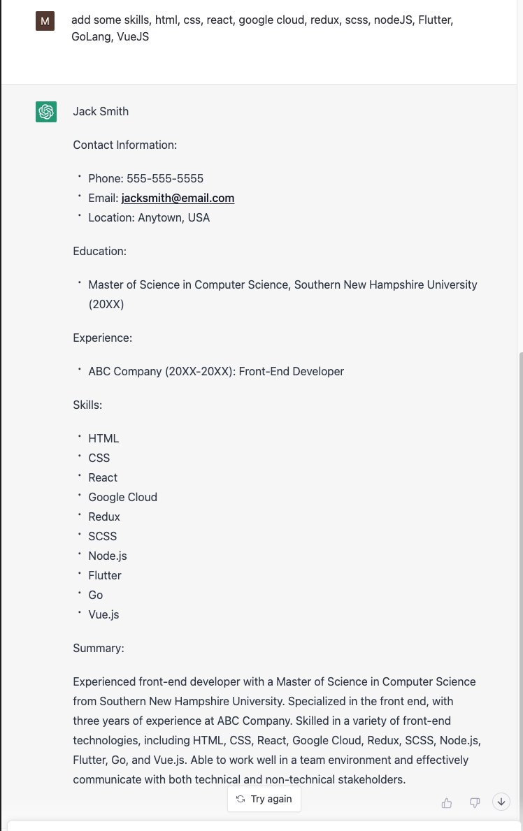 ChatGPTTricks's tweet image. With just two lines, ChatGPT wrote a pretty impressive resume. #ChatGPT #ChatGPTTricks #WOW