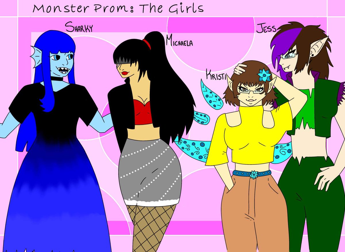 bratcherlizzy's tweet photo. In honor of the latest Monster game, I drew their monster personas. #monsterprom #girlsquad 
@VAMichaelaLaws 
@agirlandagame 
@MadamSharky 
@HusbandoGoddess https://t.co/CWscL2nXUc