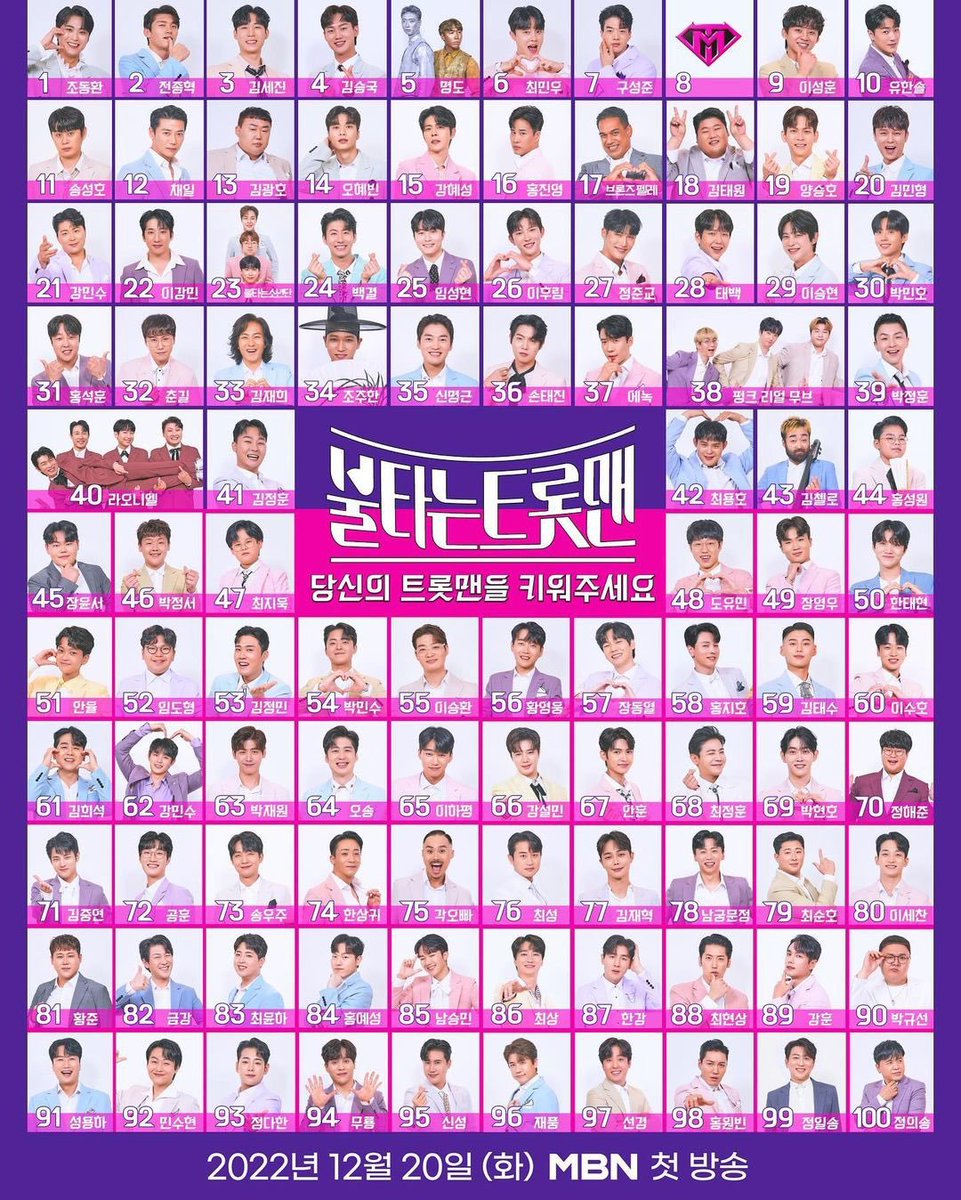 GimbapBlog2's tweet photo. MBN lance l'émission #FIRETROT (불타는 트롯맨) où 100 hommes seront en compétitions.
On y retrouvera #Baekgyeol des #GREATGUYS, #ParkMinho des #SHU_I et #ZEUS, #KimJungyeon des #A6P.

L'émission commencera sa diffusion le 20 décembre. https://t.co/3Fn7wpRJa5