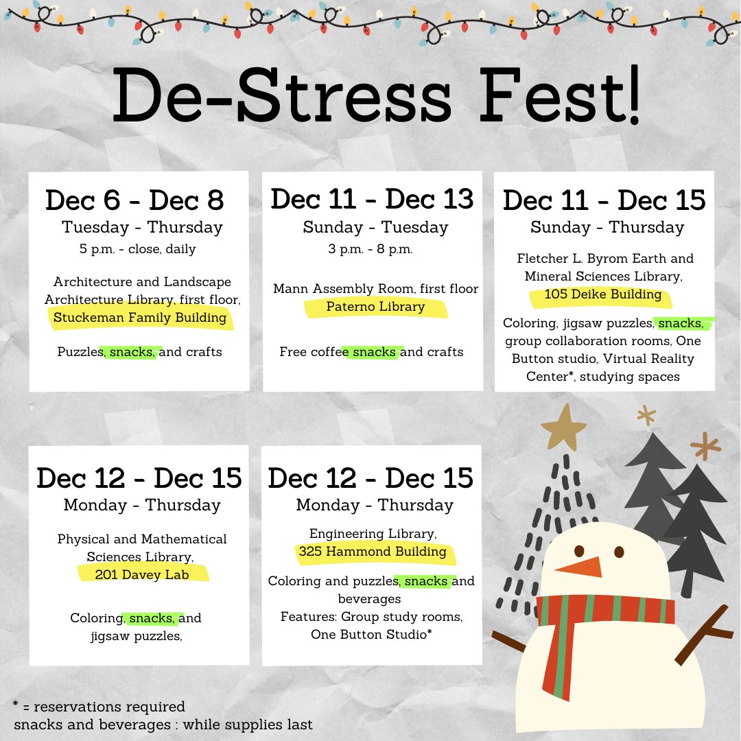 PennStateGlobal's tweet photo. With final exams starting in just a few days, PSU Libraries will offer snacks, games, and various activities to help students relax and reduce stress. At UP, 5 locations will be available to students at different times of the week. Check out the schedule above for some goodies! https://t.co/g4U80MYe4y