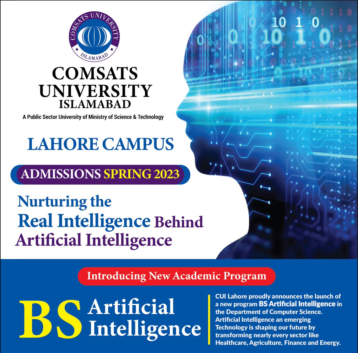 CUIofficial's tweet photo. The NCEAC-approved BS Artificial Intelligence (AI)program has officially begun at Lhr campus. CUI Lhr is accepting applications for BS AI. Pre-Medical Students can apply as well. Apply online today! https://t.co/Yyj4WFHnN3
#cuilahore #cuinews #cuiadmissions #cuiofficial #cuilhr https://t.co/S3ggp9WWCq