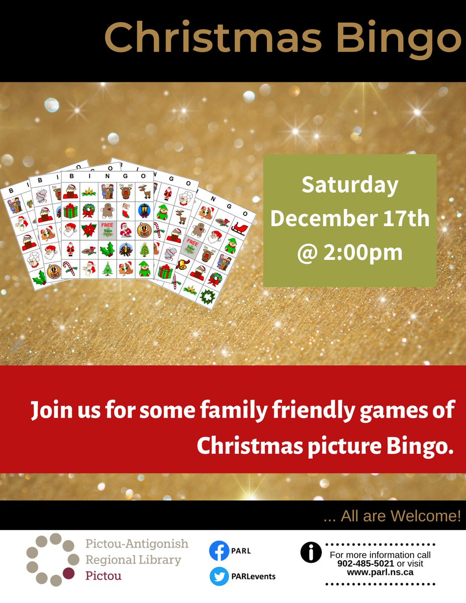 PARLevents's tweet photo. Drop in to the #PictouLibrary on Saturday, December 17th @ 2:00 pm for a festive game of Christmas picture BINGO, for all ages! For more information, please call the Pictou Library at (902)485-5021. https://t.co/VmqYxNeEnH