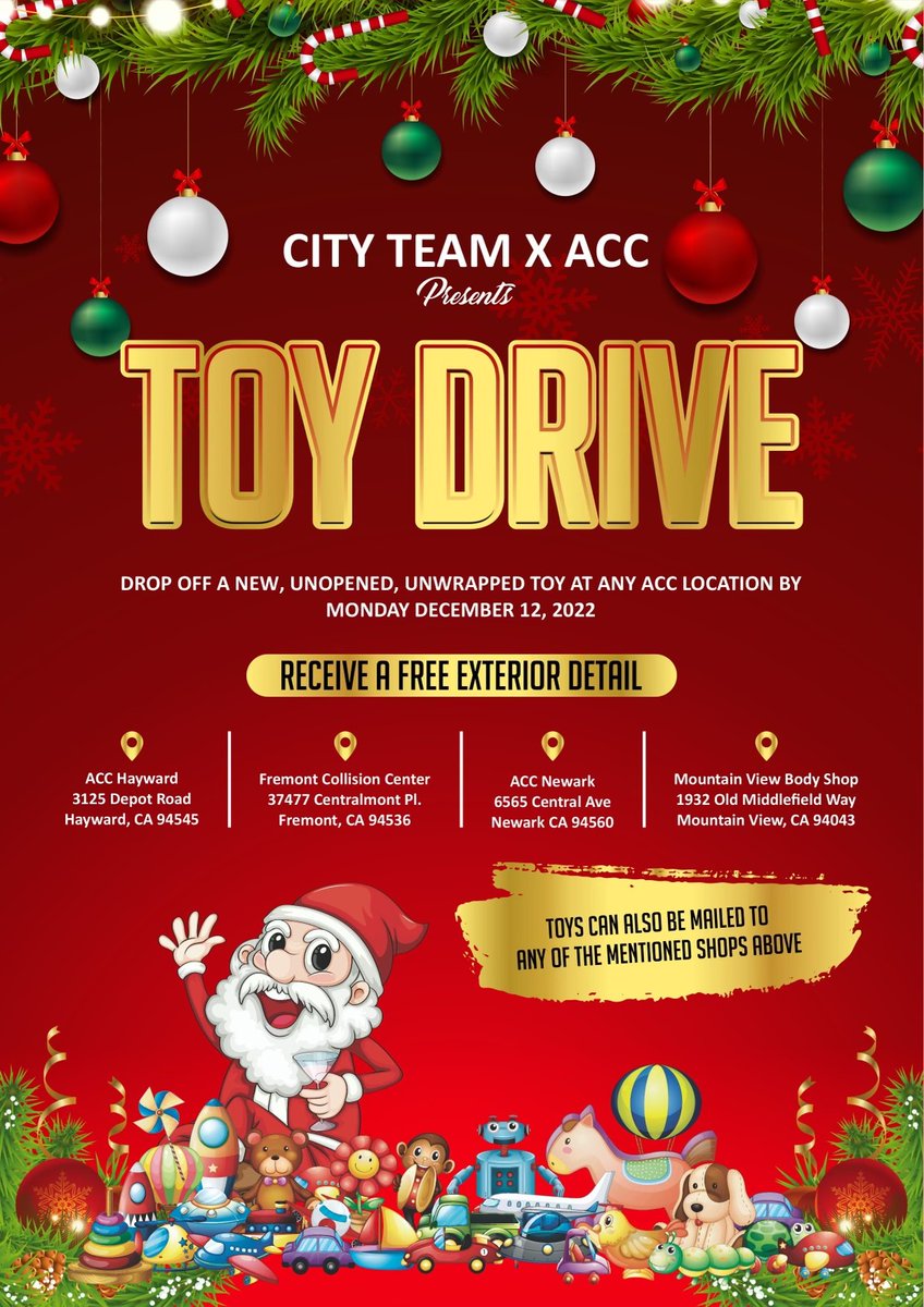 Cityteam's tweet photo. Thank you to our awesome partner ACC Bodyshop  for hosting a Toy Drive to bring joy to local children this Christmas! Donate a new, unopened, unwrapped toy by Monday to receive a free exterior detail. 🚗🎄

#toydrive #accbodyshop #christmasjoy #ignitinghope https://t.co/8lAAtmSzRU