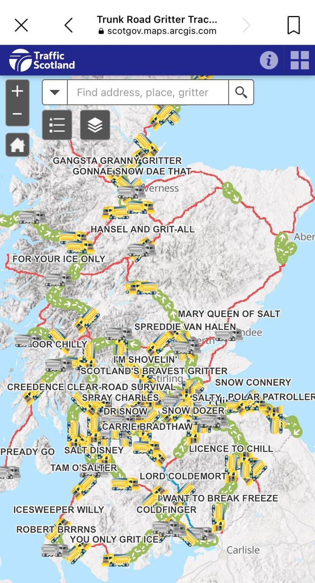 vmartincam's tweet photo. It’s getting chilly in Scotland.
The gritters are out.

These are their quite frankly genius names 👇 https://t.co/HlVby6EDx8