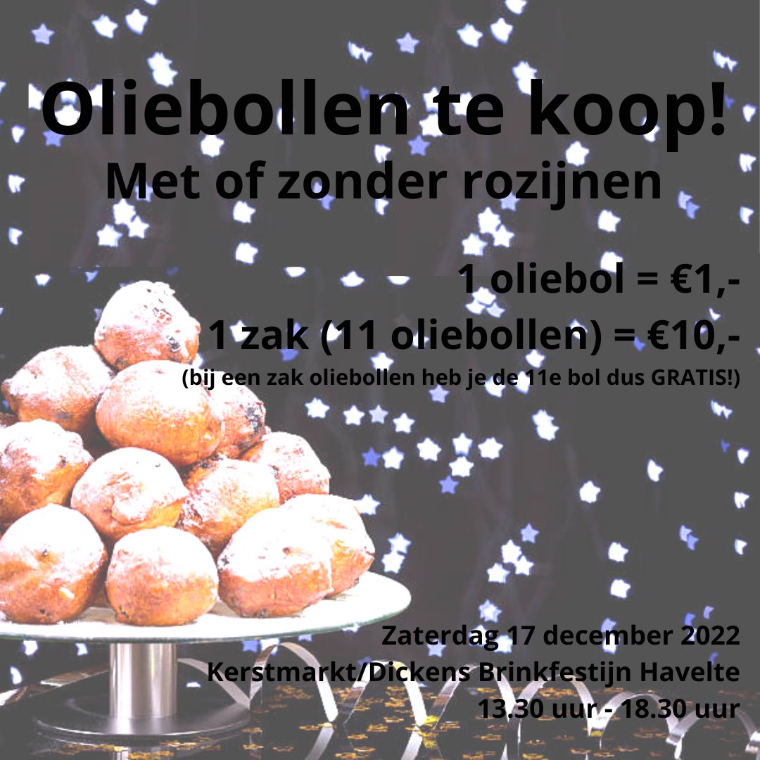 Volgende week zaterdag (17 december) staan wij op de kerstmarkt in Havelte! Hier bakken en verkopen wij oliebollen (met en/of zonder rozijnen) 🤩 De molen zal die dag gesloten zijn, maar we zien jullie graag bij onze kraam op de Brink! 😊