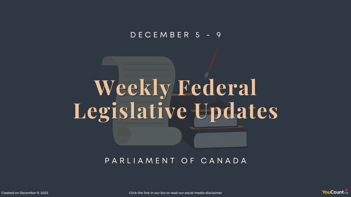 Here's our weekly round-up of federal legislative updates for December 5 to December 9!

#YCLegislativeUpdates
#CdnPoli #CdnPolitics #Canada
#civicawareness