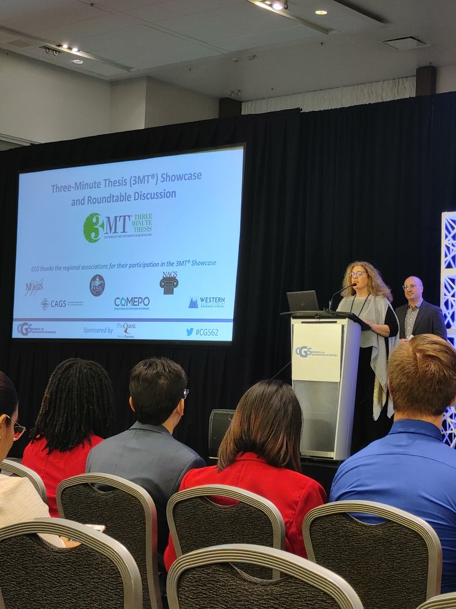 CGSGradEd's tweet photo. Our last plenary session - always a crowd favorite - is the Three Minute Thesis competition! Thank you to @ProQuest for sponsoring. #CGS62 https://t.co/RuFeXWRMu8