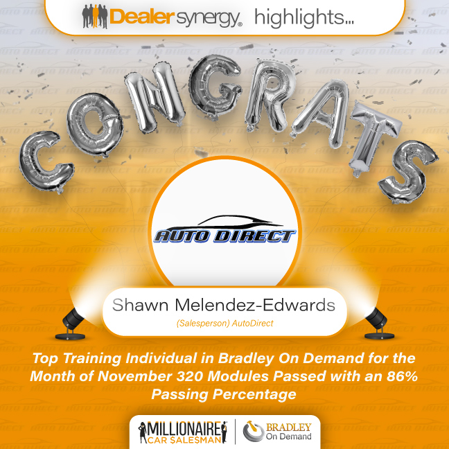 dealersynergy's tweet image. 📢Dealer Synergy Client Highlight!📢

🎉Congratulations🎉 to Shawn Melendez-Edwards at #AutoDirect!

🤩 #1 Training Individual on Bradley On Demand!🤩 

#DealerSynergy #Automotive #AutomotiveTraining #AutomotiveIndustry #DS #DealerSynergyClient #BradleyOnDemand #CRM