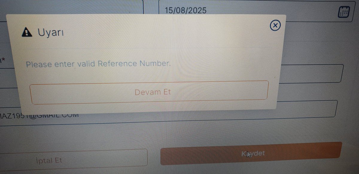 HACERYILMA's tweet photo. @vfsglobalcare Referans numarası geçerli değil uyarısı alıyorum. Tum kontroller sağlandı. Büyük harf kuralına da uyduk. Halen ödeme yapamıyorum. https://t.co/e7qtTZkVFe
