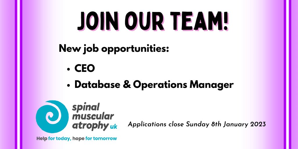 SMA_UK_'s tweet photo. We have two new, exciting job opportunities available at SMA UK – CEO and Database &amp; Operations Manager! Applications for both close on Sunday 8th Jan. Find out more about these roles and how you can apply to join our small, dynamic charity: https://t.co/ynn1RnGELx https://t.co/YjxSIkjOPS