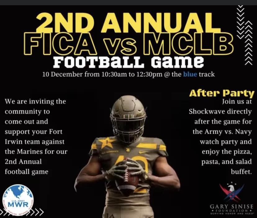 USAG_IrwinCDR's tweet image. Go Army Beat Navy! In the tradition of the Army/Navy Game, Fort Irwin is hosting our annual Army/Navy game as we defend our title against MCLB. Come on down to the Blue Track and support your Team!