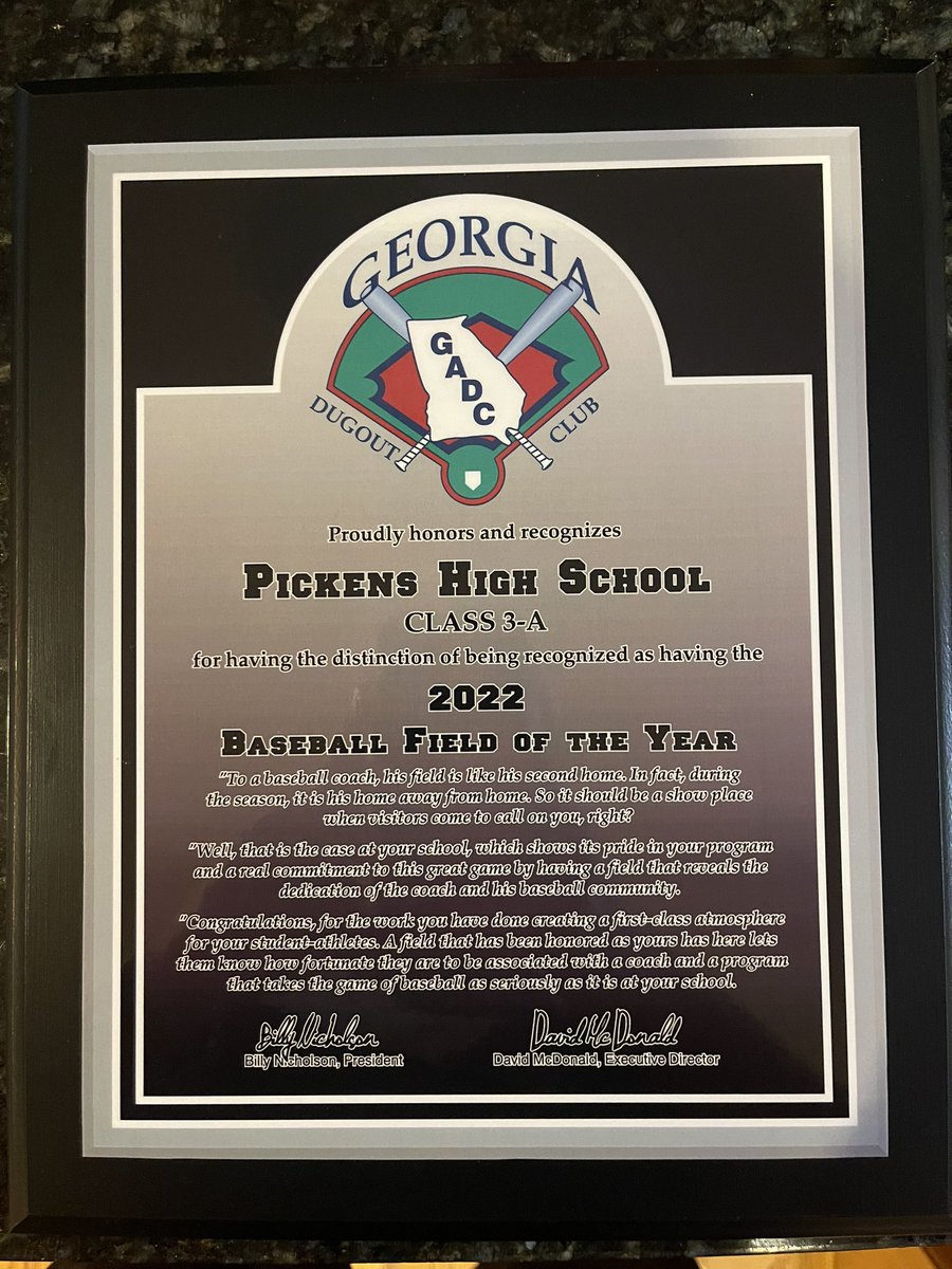 PHSbaseballGA's tweet photo. Dragon NationโฆDunn Field is the Georgia Dugout Clubโs 2022 AAA Field of the year. Thank you Pickens County Board of Education, you have blessed our kids with the best facilities in the state. https://t.co/kw4kEoVZY6