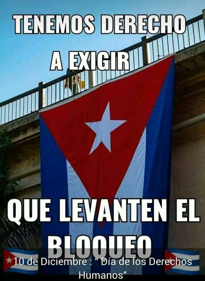 Más de 60 años de bloqueo Norteamericano contra #Cuba constituye el Genocidio más largo de la historia, en el #DiaInternacionalDeLosDDHH exigimos el fin de la política hostil contra nuestra Patria.

#DDHHINTERNACIONAL
#CubanosConDerechos
#DDHHCuba