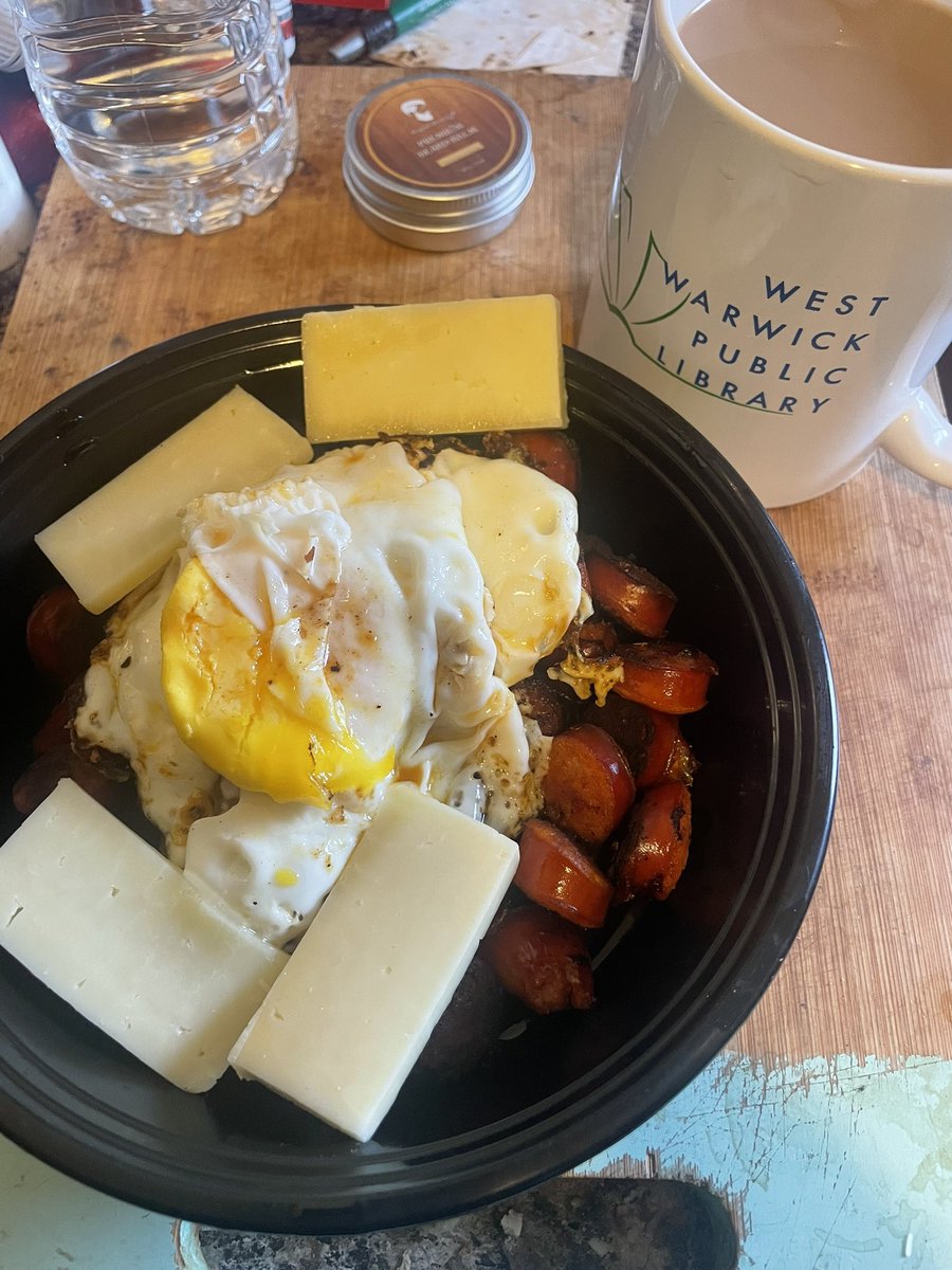 MerryBlacksmith's tweet photo. A hearty breakfast if linguica, eggs, some sharp cheddar, and coffee. (Unless you’re my doctor, in which case this is… um… kale. Yeah. Kale.) #breakfast #kale #westwarwick https://t.co/cJGjiaeoeV