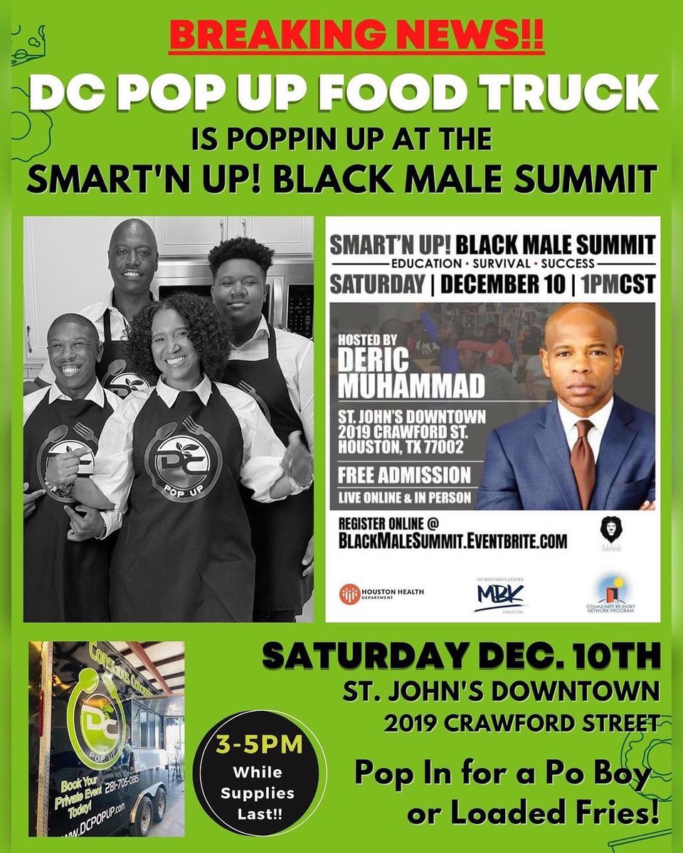 DCPopUpTruck's tweet photo. 🚨BREAKING NEWS🚨 TODAY, DC Pop Up will be poppin up at the Smart’N Up! Black Male Summit hosted by @DericMuhammad at St. John’s Downtown (2019 Crawford Street)

The summit starts at 1pm. We will be on site at 3-5pm while supplies last. 

#DCPopUp #BlackMalesummit https://t.co/m7dWxgvVIs