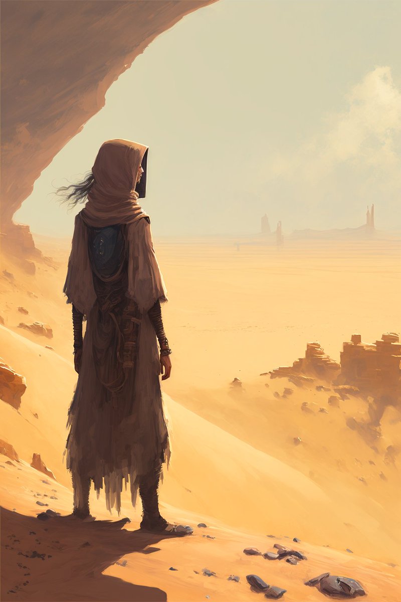 RealmsOI's tweet photo. A girl sets off on a journey in the scorching desert. She is determined to reach her destination, but as she ventures further, she realizes she is being followed by a mysterious figure.

 Who is it and what do they want? https://t.co/rXKcT2dVkW