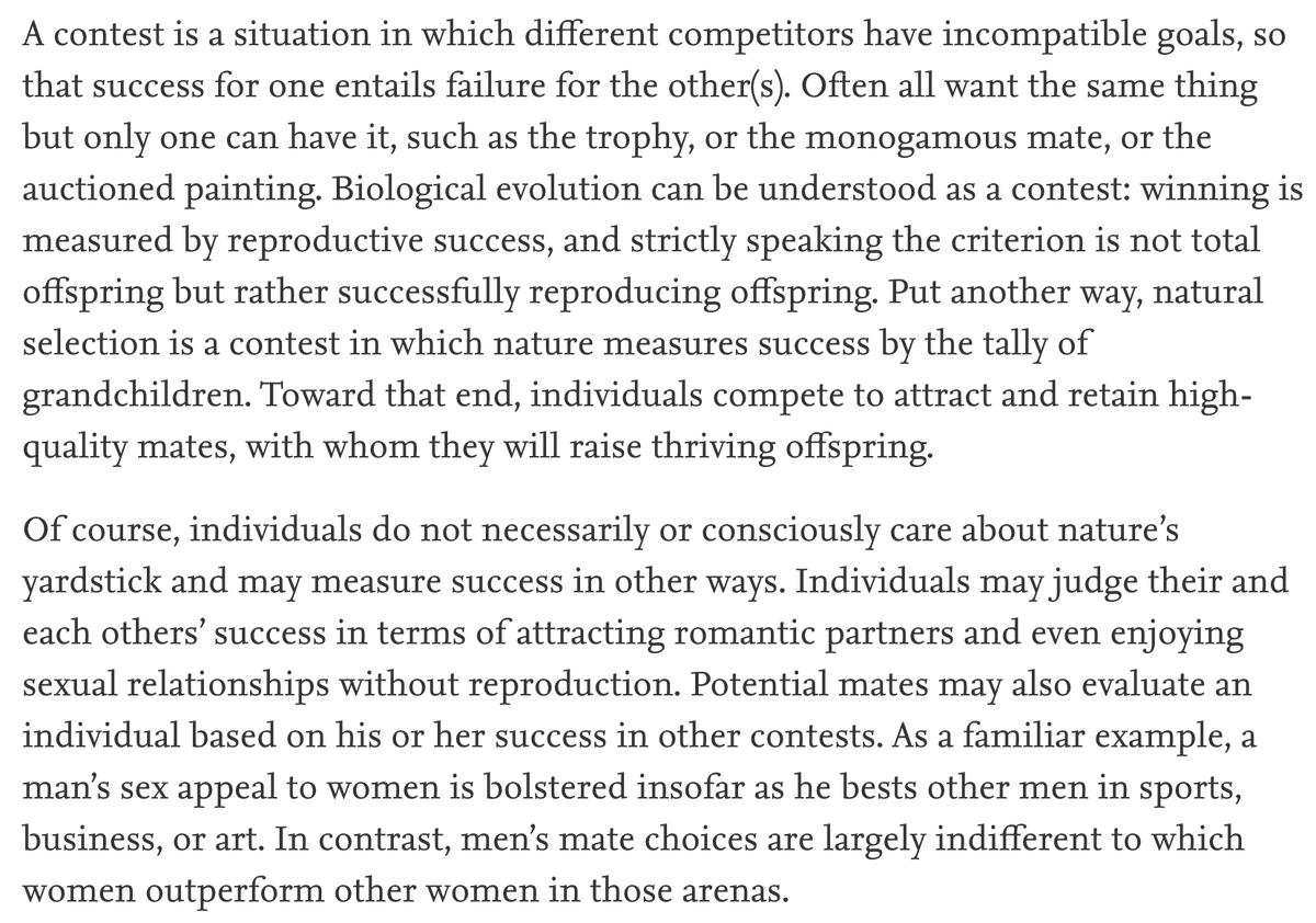 robkhenderson's tweet photo. "a man’s sex appeal to women is bolstered insofar as he bests other men in sports, business, or art. In contrast, men’s mate choices are largely indifferent to which women outperform other women in those arenas." https://t.co/2FaNaQRJJt https://t.co/x46wupT6oc