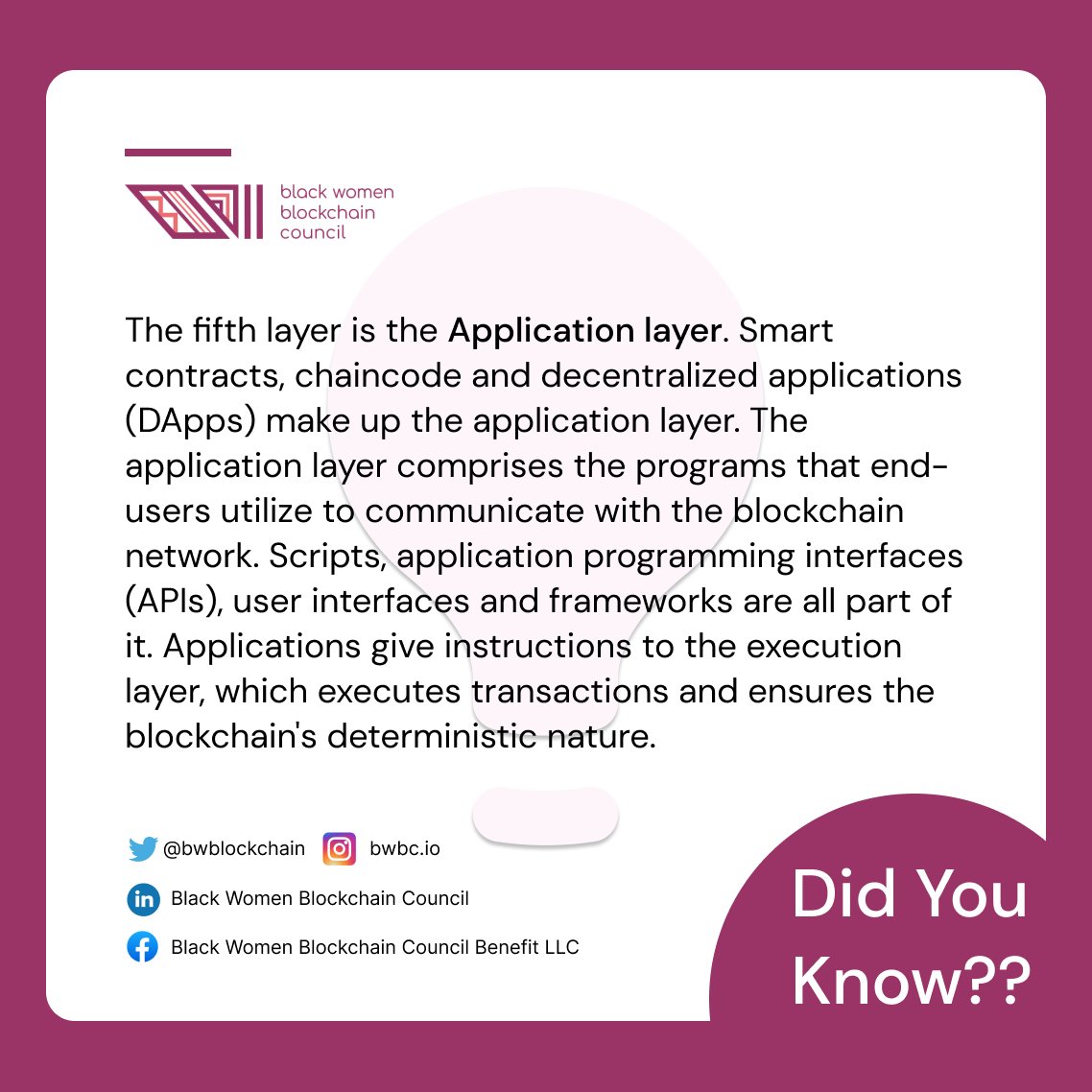 bwblockchain's tweet photo. On our #DidYouKnow series today, we’re continuing the talk about Blockchain #layers.

Let's talk about application layer 5

Check it out below!👇🏾
#application
#blockchain #blockchaineducation #bwbc #Protocol #architectural #layer
#tech #SaturdayVibes #SaturdayMorning https://t.co/BE8xaCrxVD
