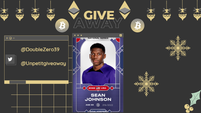 Unpetitgiveaway's tweet photo. 🎁Day 10 #Giveaway #Noel 🎅

Aujourd'hui @DoubleZero39 vous fait gagner Sean Johnson 🇺🇸

Pour participer 👇

✅RT &amp; ❤️
✅Follow @DoubleZero39 &amp; @Unpetitgiveaway

⏳12/12 à 20h⌛️

#Concours #Crypto #NFTGiveaway #Sorare #ETH #SorareGiveaway #Sorare #Giveaways #NFT https://t.co/y9xC4SyKko