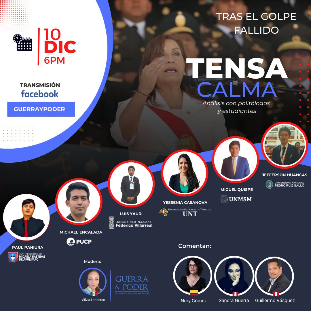 🇵🇪 "Tras el golpe fallido. Tensa calma" 

✍️ Regístrate zoom: acortar.link/Nqm9Ri

👉 Sigue el live: acortar.link/lXpKWn

📅 Sábado 10 de dic. 
⌚ 18 hra 🇵🇪
. 
.
#DinaBoluarte #Golpedeestado #ComPol #PedroCastillo #perú #AutoGolpePerú