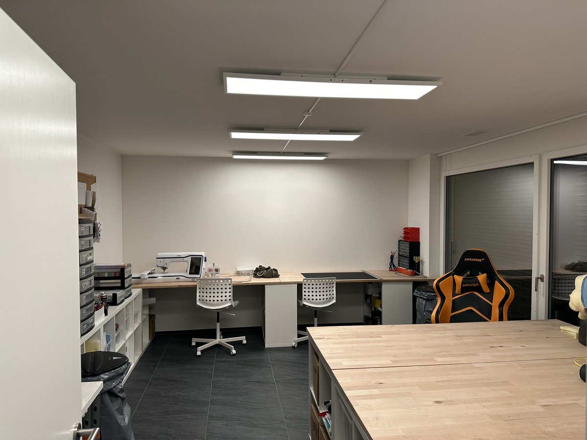 furjaxx's tweet photo. Today @Cabarun and I finished reorganising our studio. We switched around tables and shelves in the studio to create a more open space and tidied up our separate storage room. Special thanks to @SwissDr4g0n for installing our new lights <3 ^.^ now we see everything xD https://t.co/IuyCeaJGyO
