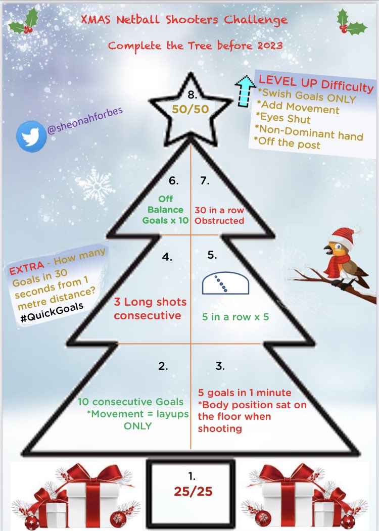 sheonahforbes's tweet photo. 🎄 XMAS Shooters Challenge #Netball Complete the 8 tasks with consecutive goals…. LeVeL 🆙 if you need…⭐️ Try the Xtra & tag #QuickGoals @EnglandNetball https://t.co/jHO84v4y3W