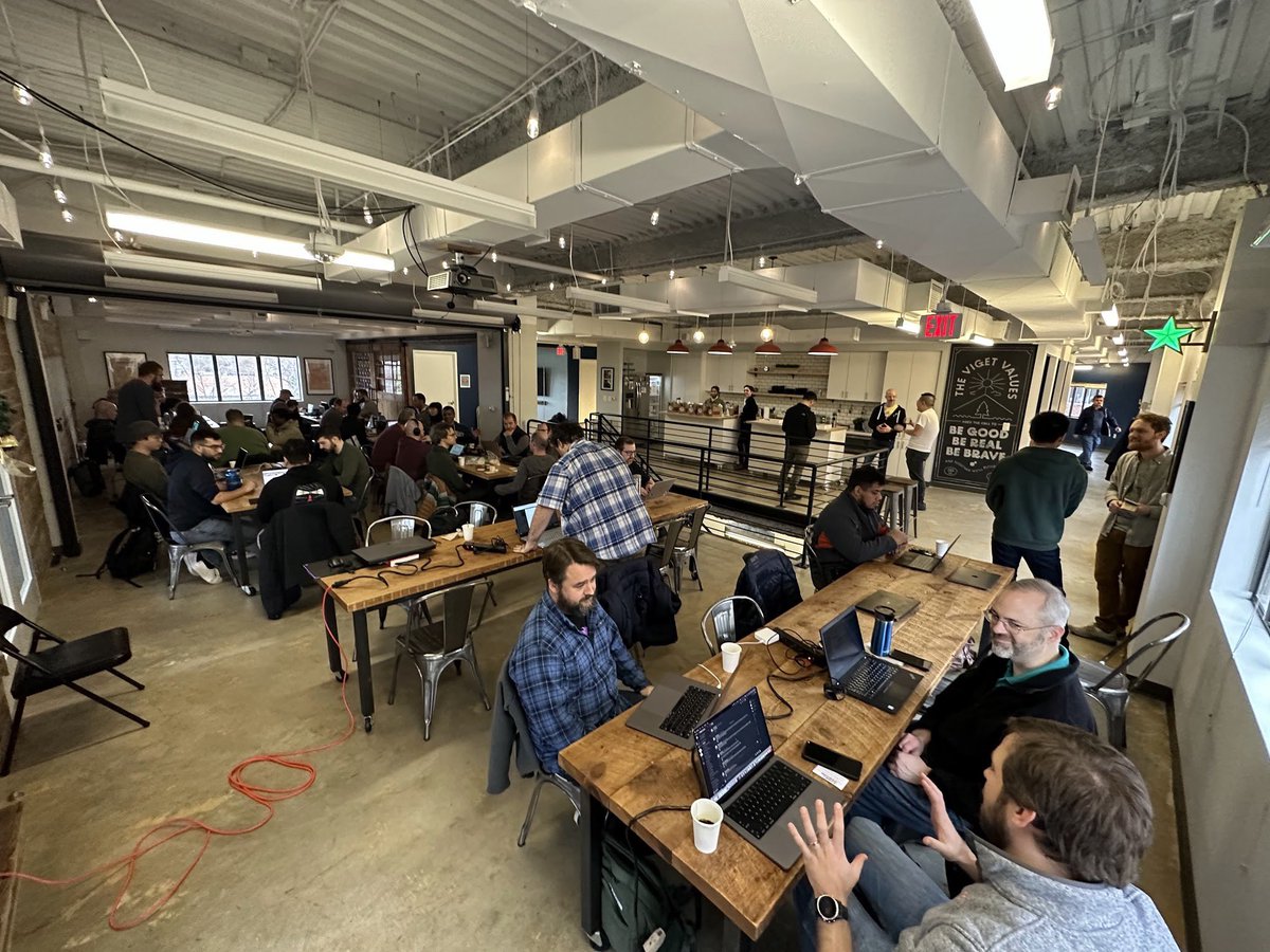 This is what it looks like when 100 coders unite. Fun going down at the NoVa Code + Coffee hosted by <a href="/viget/">Viget</a> HQ in Metro DC. #novameetup #viget #codeandcoffee #code