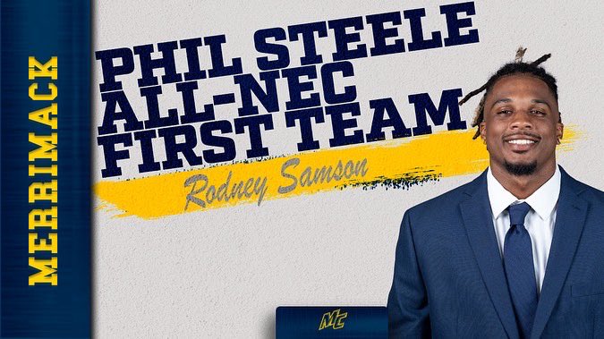 Merrimack_FB's tweet photo. Next we would like to congratulate Rodney Samson, Antonio Derry, Cole Peterson, and Garry Rosemond Jr. on being name to the Phil Steele All-NEC First Team! 

#GoMack // #MackTough https://t.co/n6NCTsc563