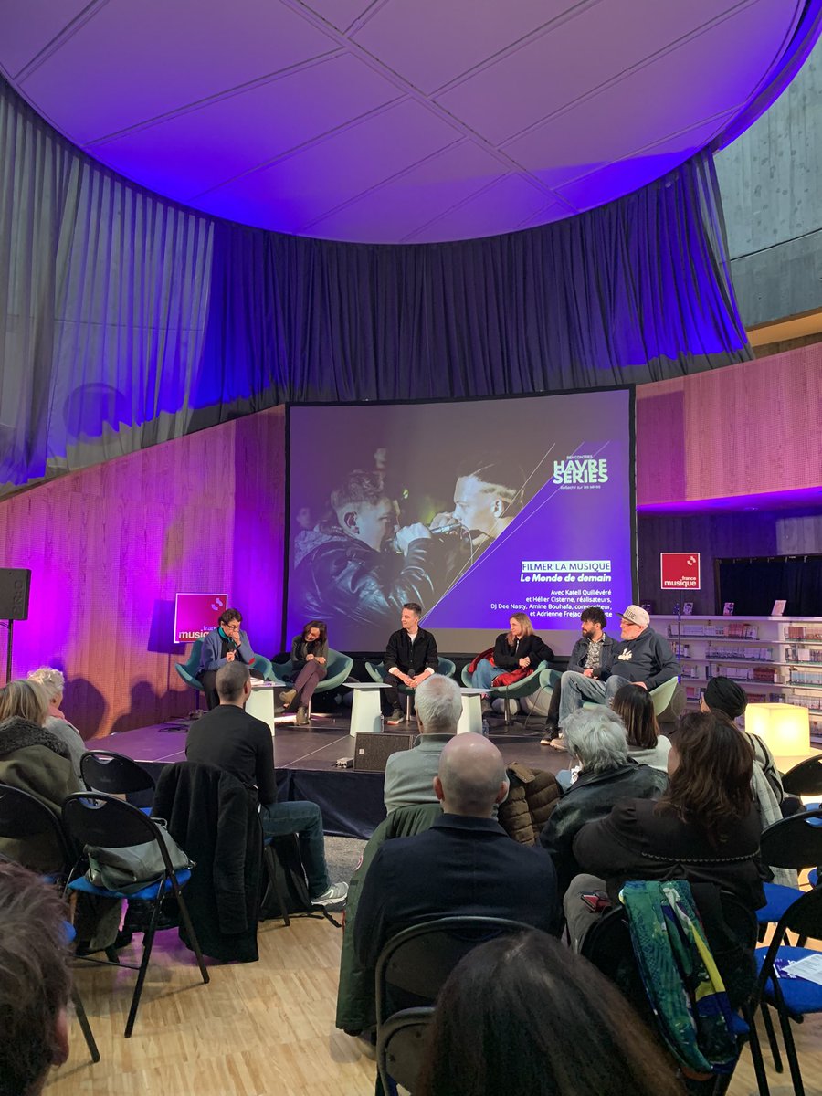 OHNK's tweet photo. Aux rencontres @SeriesLeHavre, « Le Monde de demain » de Katell Quillévéré &amp; Hélier Cisterne avec le compositeur Amine Bouhafa, DJ Dee Nasty et Adrienne @frejacques d’@ARTEfr 😍 #Serie #Musique https://t.co/mvimenUrB8