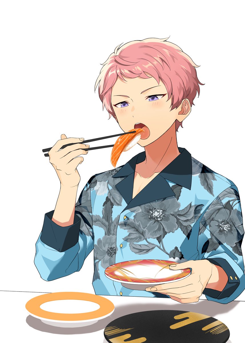 1boy pink hair male focus chopsticks white background holding chopsticks solo  illustration images
