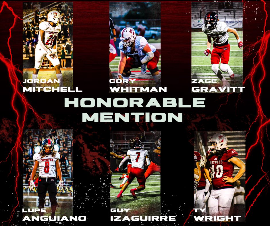 🚨🚨4-4A All District🚨🚨

Honorable Mention

Cory Whitman- Offensive Line
Jordan Mitchell- Running Back
Zage Gravitt- Wide Receiver
Lupe Anguiano- Defensive Back
Guy Izaguirre -Defensive Back
Ty Wright- Defensive Line

#AGNB #CodeRed