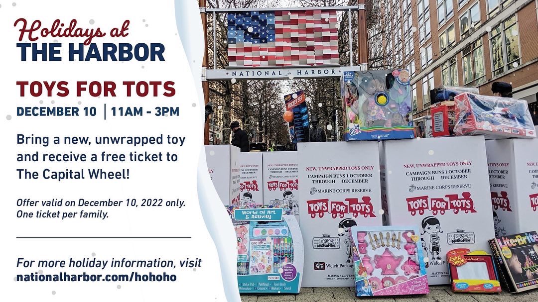 PGCPAL's tweet photo. Come see us at the #NationalHarbor and bring a new and unwrapped toy for Marine Toys for Tots Foundation! Everyone who donates gets a free ticket for the #CapitalWheel at the National Harbor! @PGPDNews @ToysForTots_USA @NationalHarbor https://t.co/IcN4bPLTbb