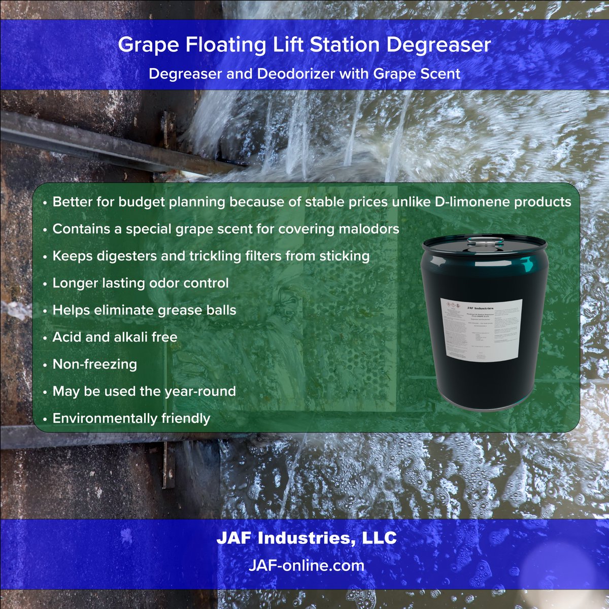 JAFindustries's tweet image. Grape Floating Lift Station Degreaser is a degreaser and deodorizer formulated for use in lift stations, digesters, and trickling filters
#FloatingLiftStationDegreaser #liftstation #collectionsystem #sewergrease #odorcontrol
jaf-online.com/LiftStationDeg…