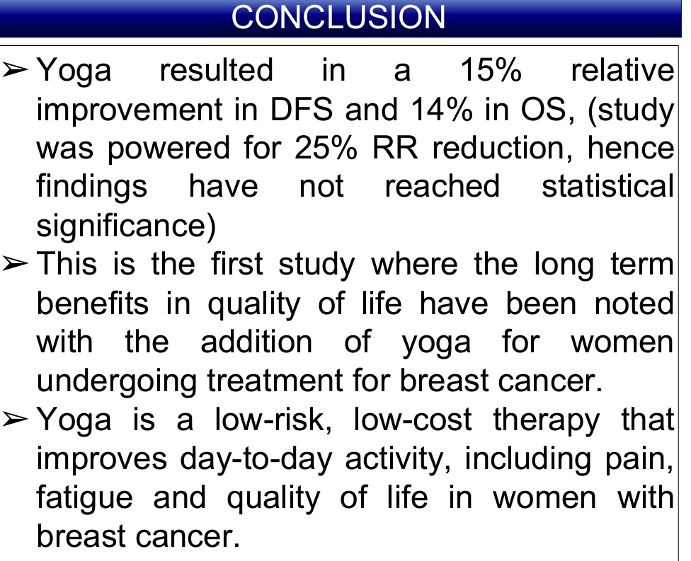 Yet another impactful study from  <a href="/TataMemorial/">Tata Memorial Hospital</a> evaluating the impact of yoga on quality of life in women with breast cancer. Simple intervention, and bringing much-needed evidence to AYUSH medicine. #SABCS22 <a href="/nitaSnair/">Nita Nair</a> <a href="/nishusgoel22/">nishu singh goel</a>
