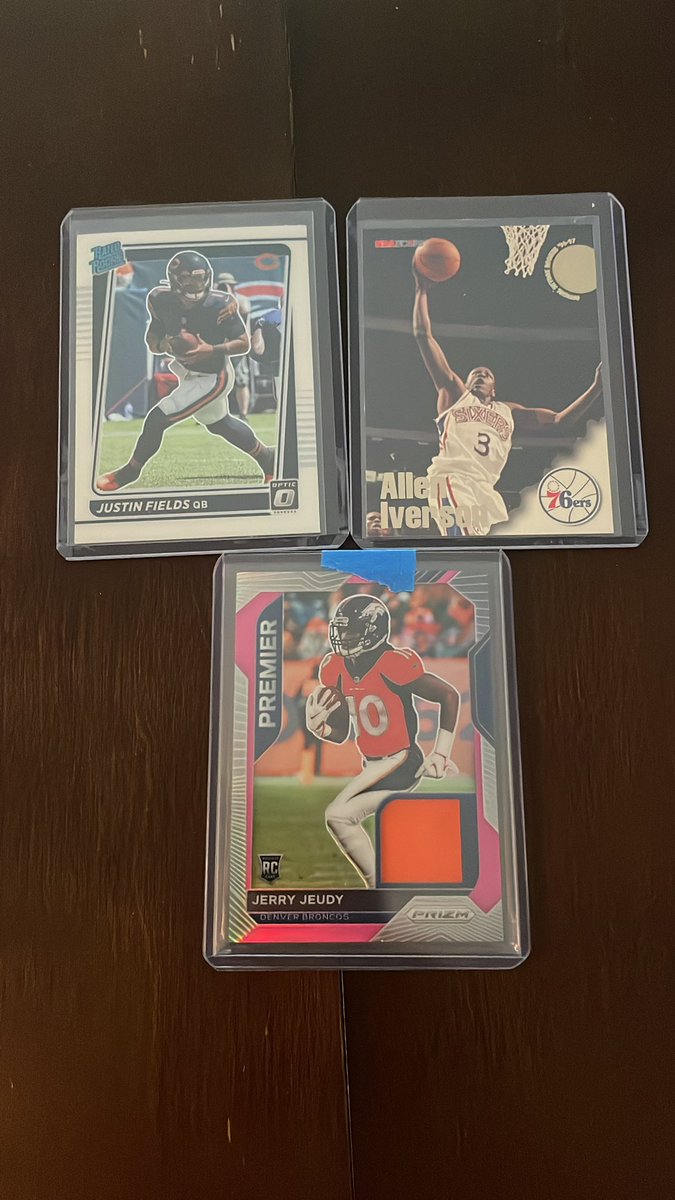 bscholtz12's tweet photo. Justin fields optic rated rookie, Allen iverson nba hoops rookie and Jerry jeudy pink prizm rookie patch! $5 ea @collectorconn19 @sports_sell @ILOVECOLLECTIN1 @CardboardEchoes @SportsSell2 https://t.co/1AUrPyazCz