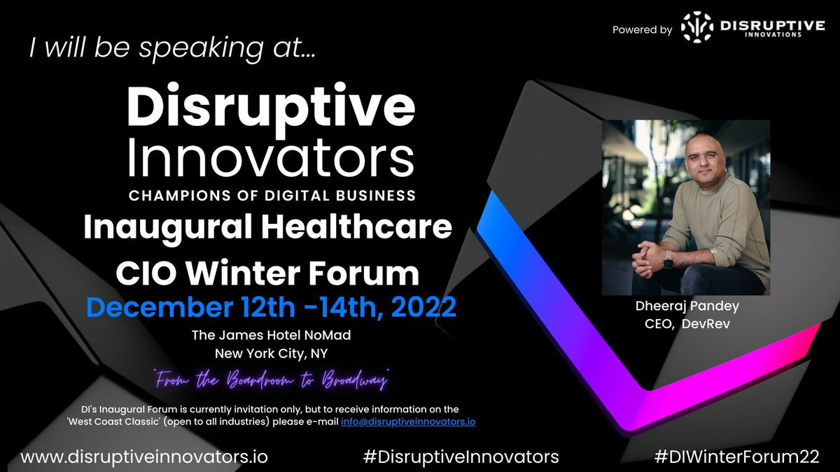 devrev's tweet photo. โ๏ธ Winter in NYC - a magical time to be in the Big Apple! Come join Dheeraj Pandey at Disruptive Innovators Inaugural Healthcare CIO Winter Forum.
#ai #artificialintelligence #customersupport #healthcare #plg #productledgrowth #devcrm https://t.co/XoijdyC4aO