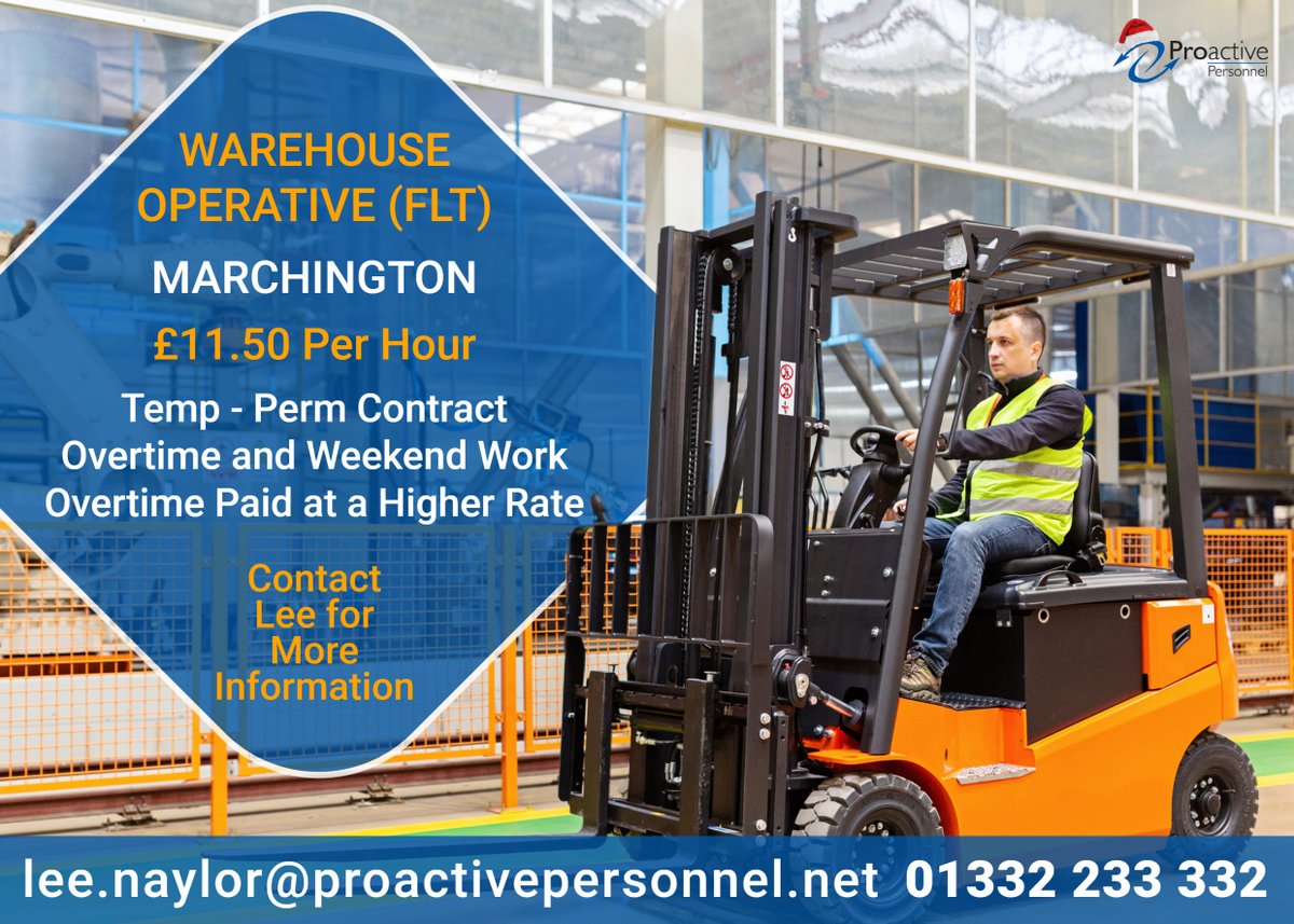 ProactiveAgency's tweet image. Do you have a FLT Counterbalance licence? Are you looking for a new role?

£11.50 p/h
Overtime is time and half = £17.25 (over 8 hours in a day)
Weekend work: is paid at double time

For more information, contact Lee:
📞 01332 233 332
Or apply online 👉 proactivepersonnel.net/job/warehouse-…