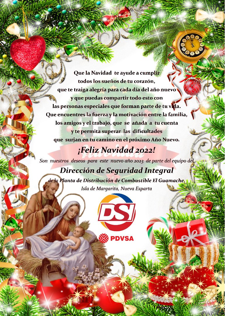Nuestro mensaje navideño de los compañeros de trabajo de DSI, PD El Guamache 👷🏽‍♂️🇻🇪 <a href="/PDVSA/">PDVSA</a>, para toda Venezuela y el Mundo
Felíz Navidad 2022!
#NavidadEsAlegria #10Dic 

<a href="/TareckPSUV/">Tareck El Aissami</a> <a href="/NicolasMaduro/">Nicolás Maduro</a> <a href="/delcyrodriguezv/">Delcy Rodríguez</a> @AChavezPdvsa <a href="/SoyFutpv/">SOMOS FUTPV</a> <a href="/PdvsaGuamache/">PDVSA GUAMACHE</a>