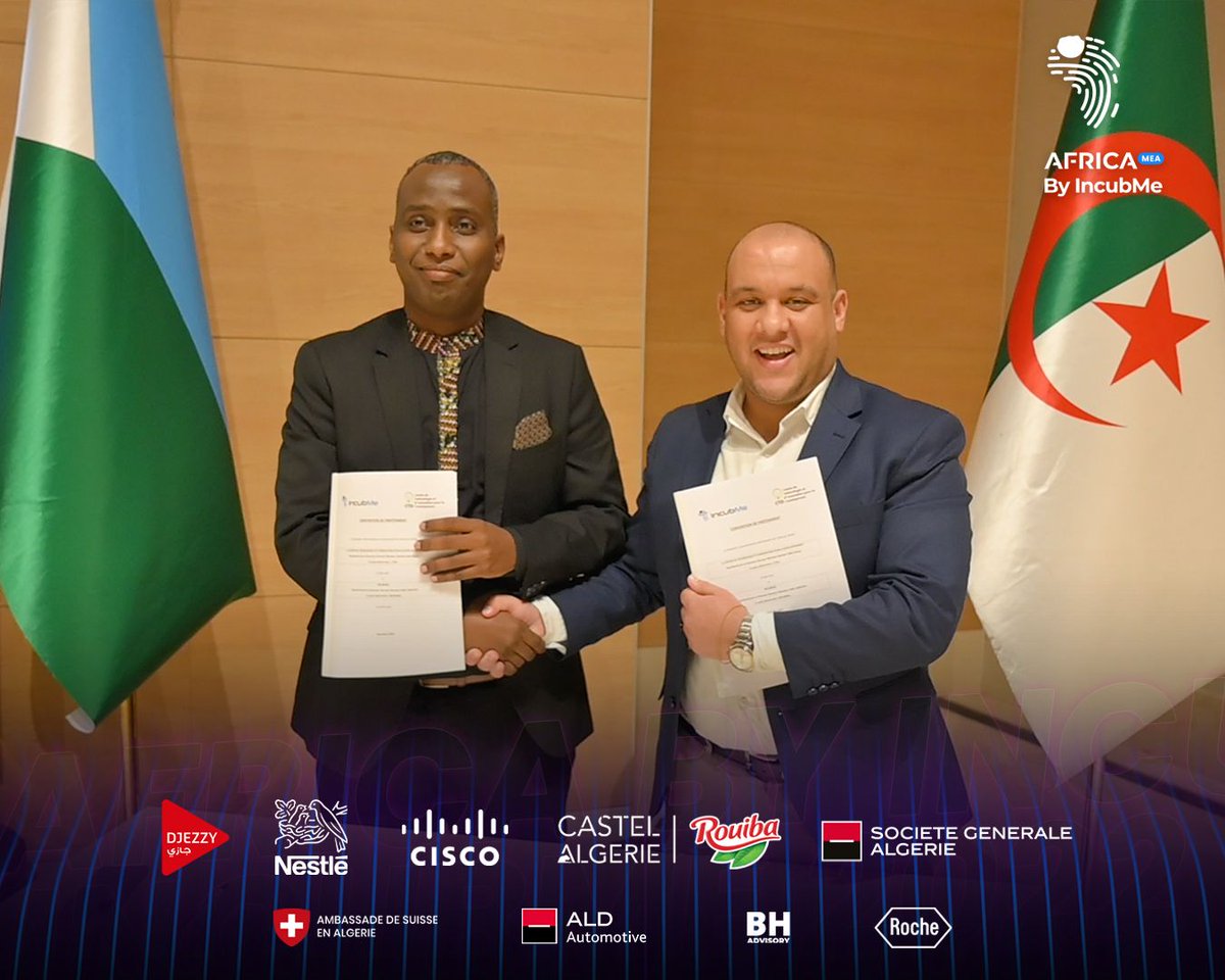 DjiboutiTechHub's tweet photo. [🇩🇯🫱🏼‍🫲🏿🇩🇿] 𝐏𝐚𝐫𝐭𝐞𝐧𝐚𝐫𝐢𝐚𝐭 𝗲𝗻𝘁𝗿𝗲 𝗖𝗧𝗜𝗗 𝗲𝘁 𝗜𝗡𝗖𝗨𝗕𝗘 𝗠𝗘 

Dans le cadre d'@AfricanStartupC une convention de partenariat a été signée entre le CTID et INCUB ME 

#Africa #Algeria #Djibouti #IncubeMe #CTID #Startups #AfricabyIncubMe #EcosystemeBuilders https://t.co/WmKaIaeQMF