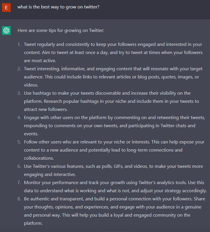 TheEddieCee's tweet photo. I asked @OpenAI what is the best way to grow on #twitter, this is what it replied with. Thoughts? #twitterfollows #twittermarketing #socialmediamarketing #OpenAI https://t.co/dYHvVFLCqO